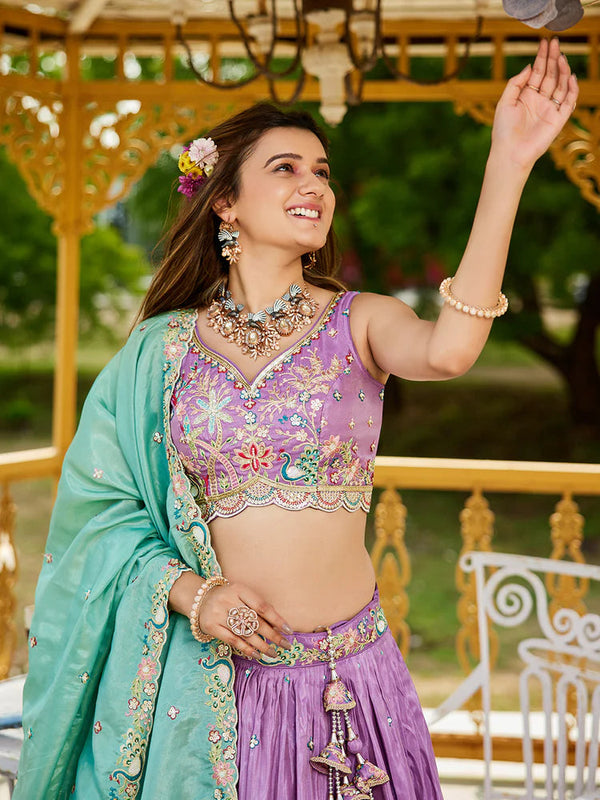 Lavender Golden Satin Lehenga Choli Set with Embroidered Dupatta Indian Bridal Outfit ClothsVilla