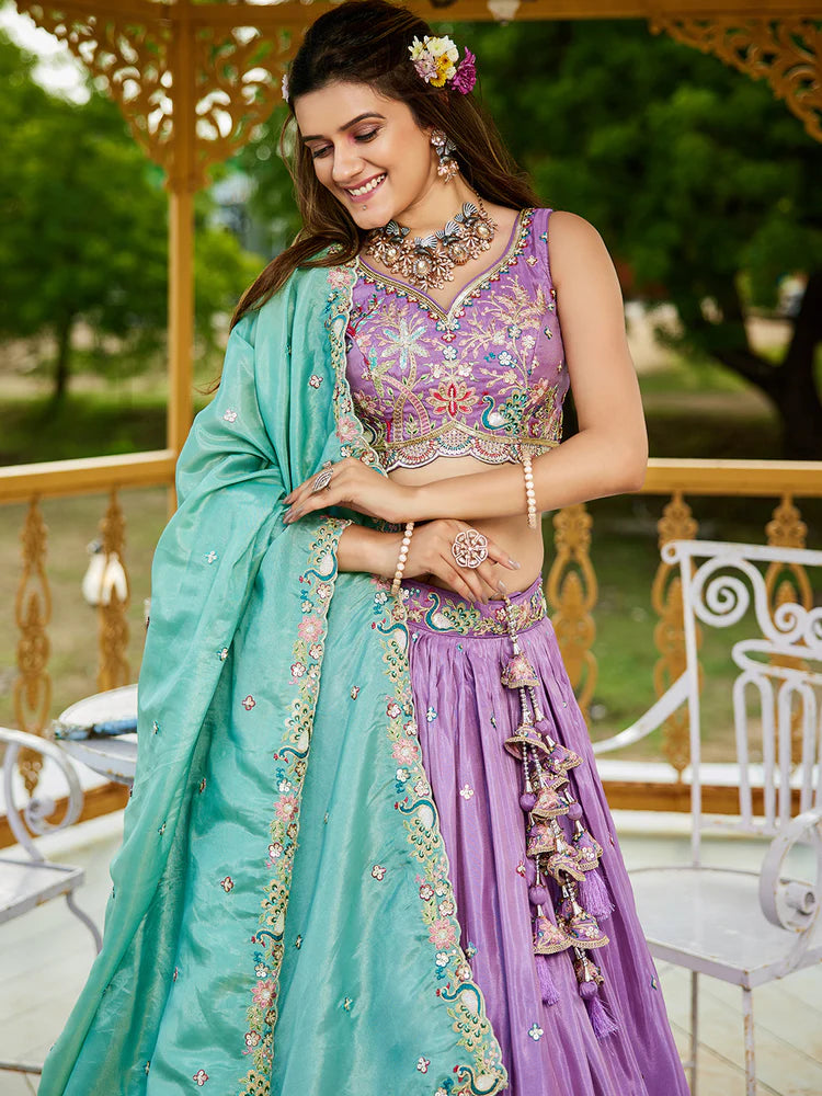 Lavender Golden Satin Lehenga Choli Set with Embroidered Dupatta Indian Bridal Outfit ClothsVilla