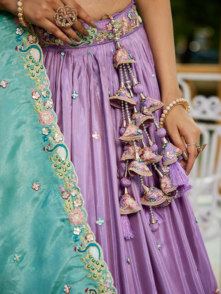 Lavender Golden Satin Lehenga Choli Set with Embroidered Dupatta Indian Bridal Outfit ClothsVilla