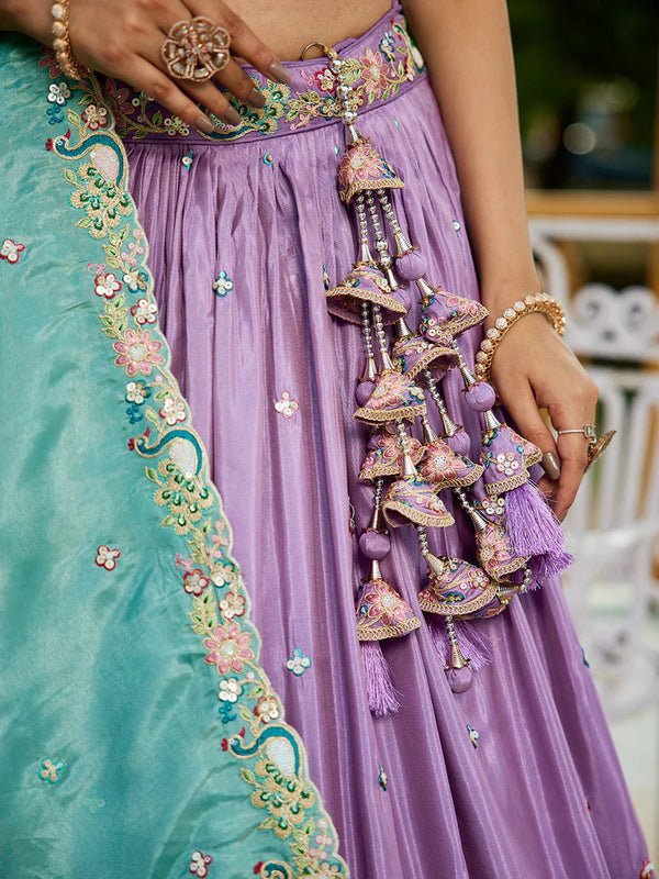 Lavender Golden Satin Lehenga Choli Set with Embroidered Dupatta Indian Bridal Outfit ClothsVilla