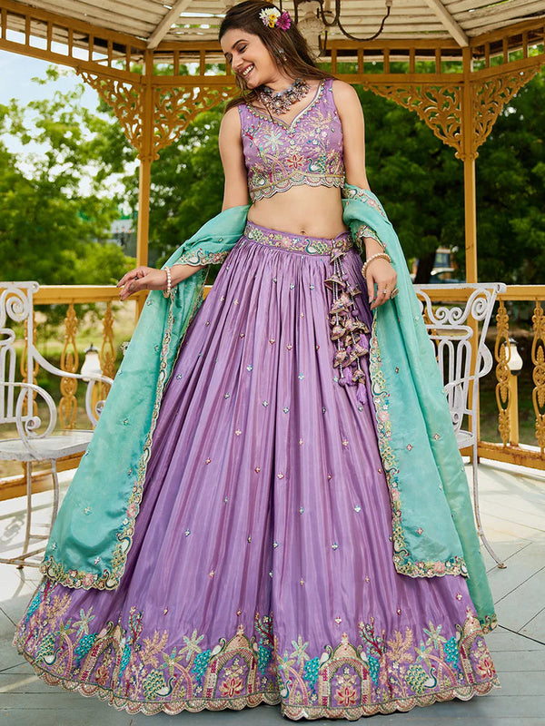Lavender Golden Satin Lehenga Choli Set with Embroidered Dupatta Indian Bridal Outfit ClothsVilla