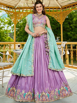 Lavender Golden Satin Lehenga Choli Set with Embroidered Dupatta Indian Bridal Outfit ClothsVilla