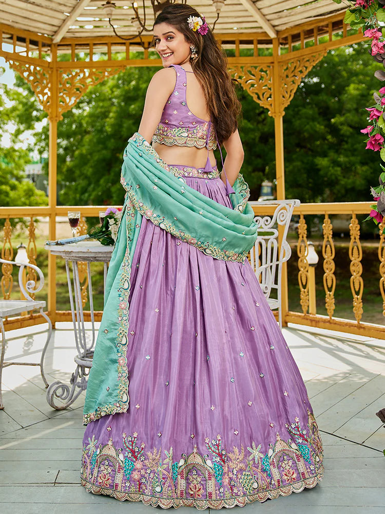 Lavender Golden Satin Lehenga Choli Set with Embroidered Dupatta Indian Bridal Outfit ClothsVilla