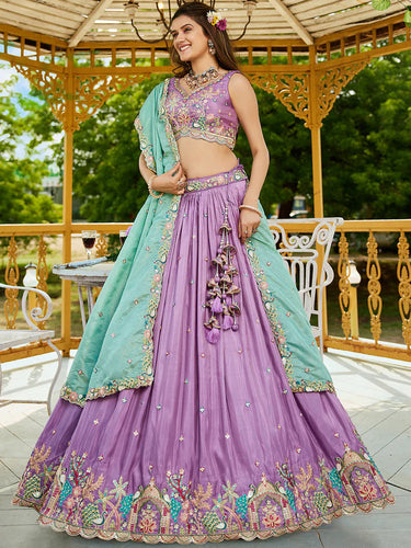 Lavender Golden Satin Lehenga Choli Set with Embroidered Dupatta Indian Bridal Outfit ClothsVilla