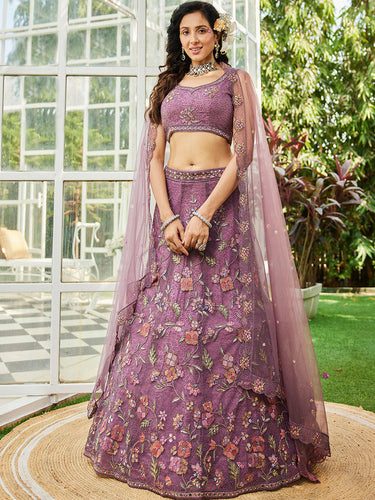 Lavender Gorgeous Net Lehenga Choli Set with Heavy Sequins and Thread Embroidery ClothsVilla