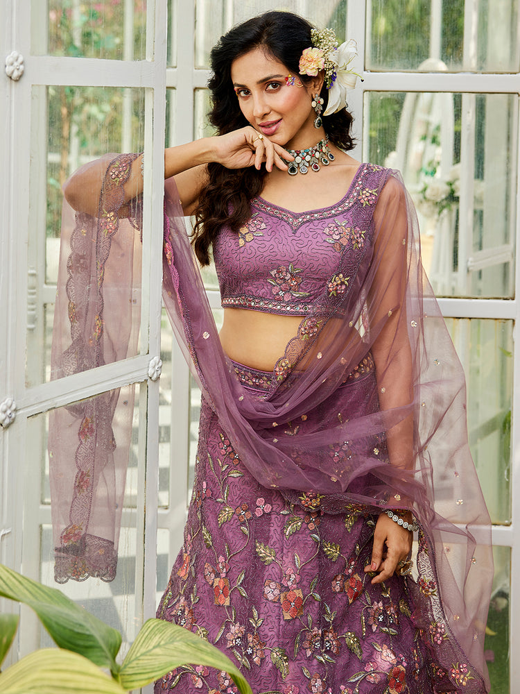 Lavender Gorgeous Net Lehenga Choli Set with Heavy Sequins and Thread Embroidery ClothsVilla