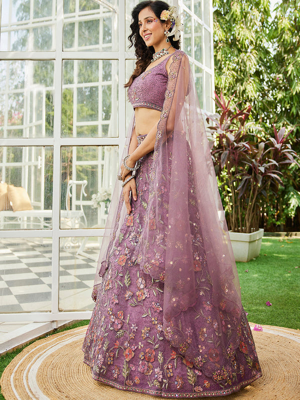 Lavender Gorgeous Net Lehenga Choli Set with Heavy Sequins and Thread Embroidery ClothsVilla