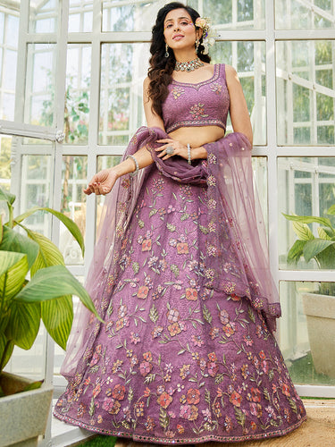 Lavender Gorgeous Net Lehenga Choli Set with Heavy Sequins and Thread Embroidery ClothsVilla
