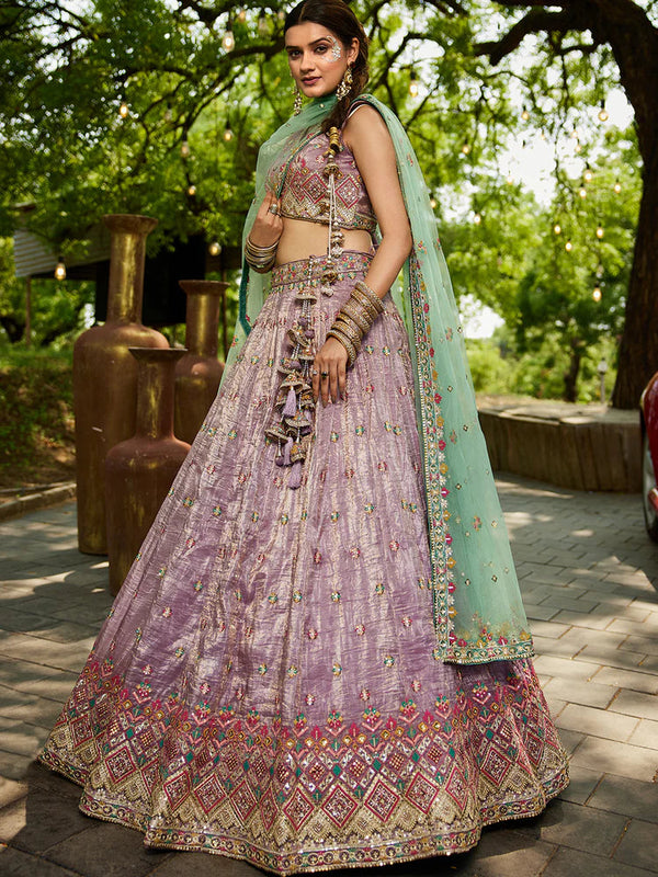 Lavender Gorgeous Pure Georgette Tissue Lehenga Choli Set with Heavy Sequin & Thread Embroidery Work ClothsVilla