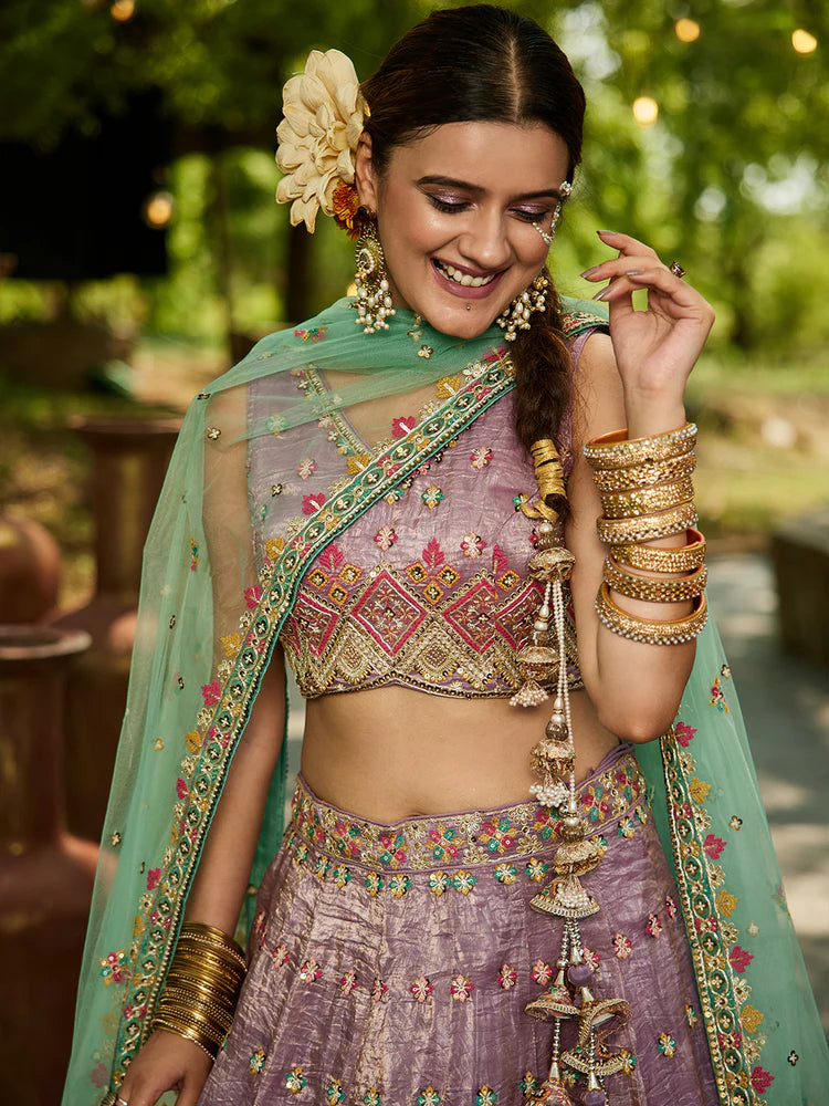 Lavender Gorgeous Pure Georgette Tissue Lehenga Choli Set with Heavy Sequin & Thread Embroidery Work ClothsVilla