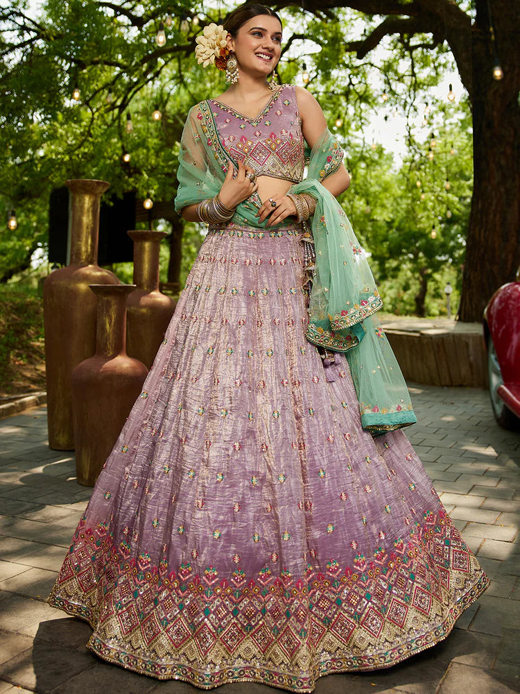 Lavender Gorgeous Pure Georgette Tissue Lehenga Choli Set with Heavy Sequin & Thread Embroidery Work ClothsVilla