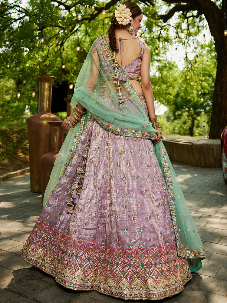 Lavender Gorgeous Pure Georgette Tissue Lehenga Choli Set with Heavy Sequin & Thread Embroidery Work ClothsVilla