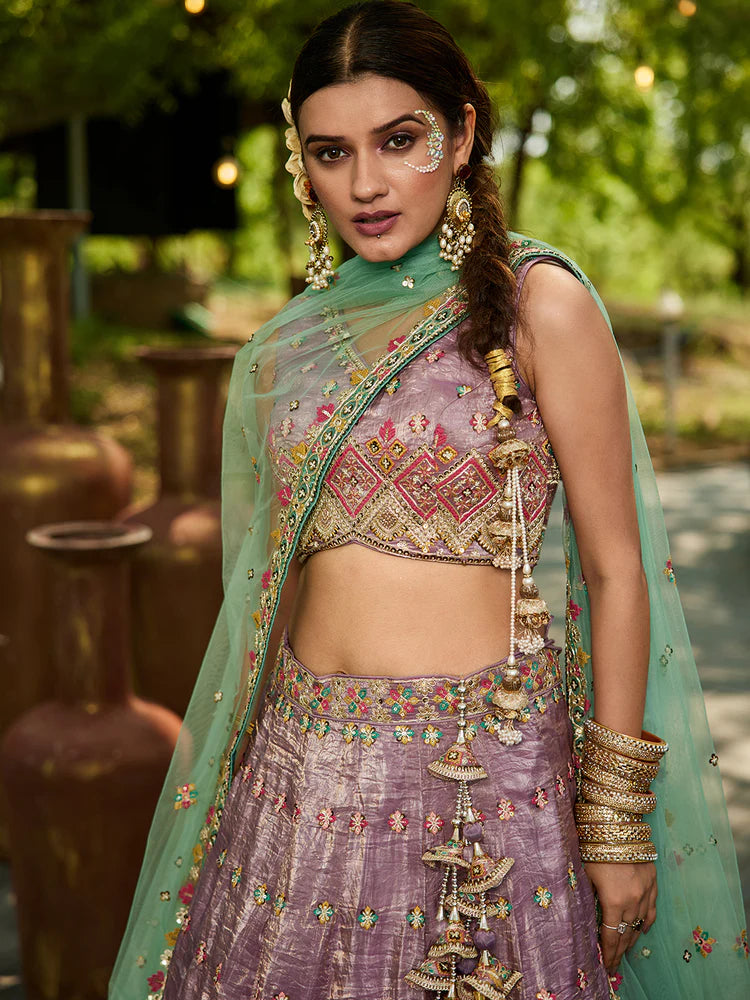 Lavender Gorgeous Pure Georgette Tissue Lehenga Choli Set with Heavy Sequin & Thread Embroidery Work ClothsVilla