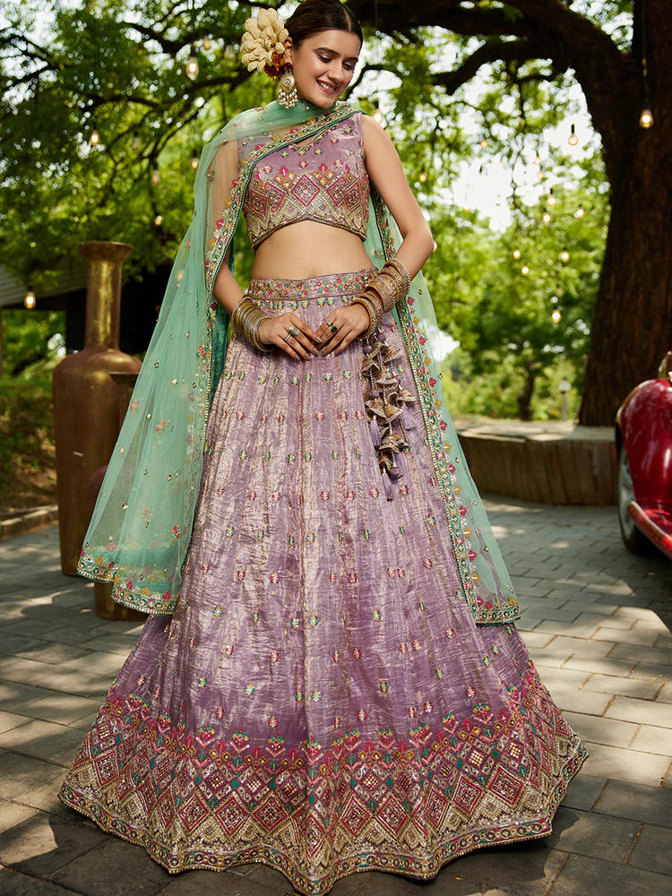 Lavender Gorgeous Pure Georgette Tissue Lehenga Choli Set with Heavy Sequin & Thread Embroidery Work ClothsVilla
