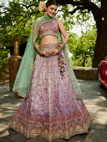 Lavender Gorgeous Pure Georgette Tissue Lehenga Choli Set with Heavy Sequin & Thread Embroidery Work ClothsVilla