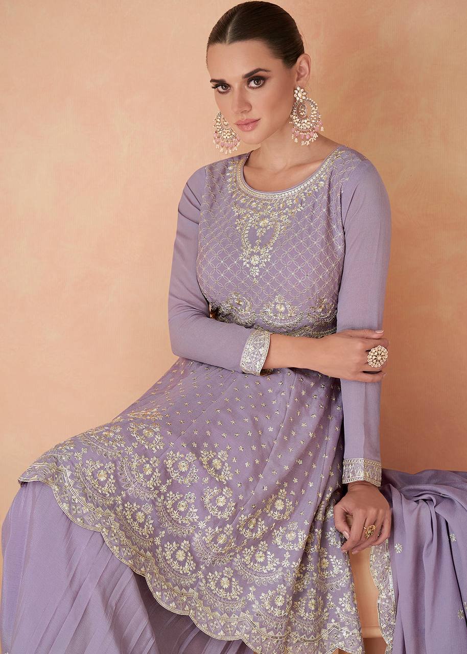 Lavender Graceful Embroidered Chinon Top & Plazo Set with Dupatta ClothsVilla