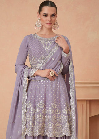Lavender Graceful Embroidered Chinon Top & Plazo Set with Dupatta ClothsVilla