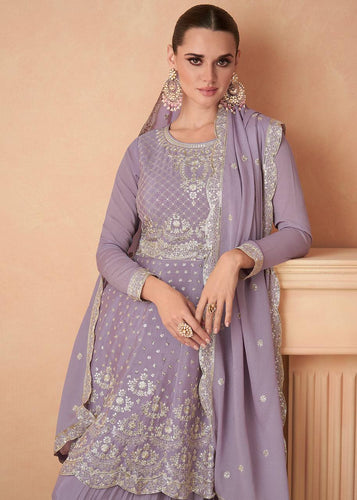 Lavender Graceful Embroidered Chinon Top & Plazo Set with Dupatta ClothsVilla