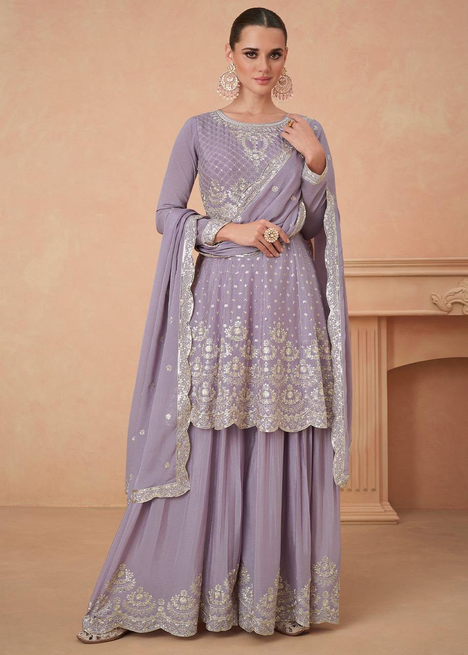 Lavender Graceful Embroidered Chinon Top & Plazo Set with Dupatta ClothsVilla Main image