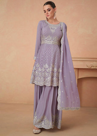 Lavender Graceful Embroidered Chinon Top & Plazo Set with Dupatta ClothsVilla