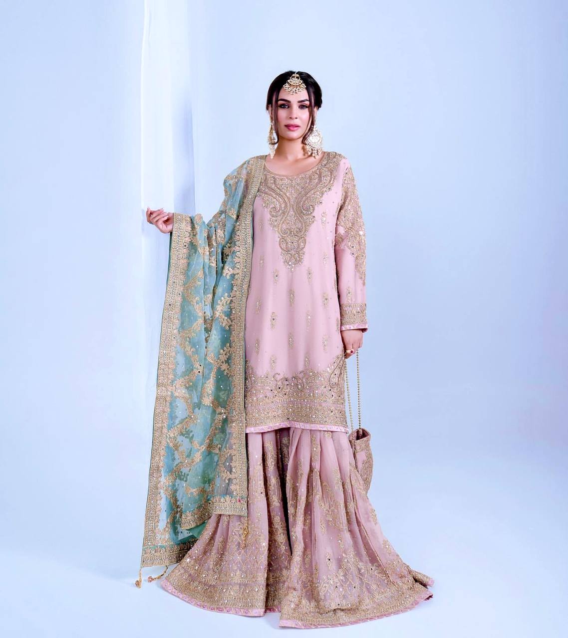 Lavender Heavy Faux Georgette Embroidered Sharara Palazzo Set with Diamond & Riyal Mirror Handwork and Net Dupatta ClothsVilla