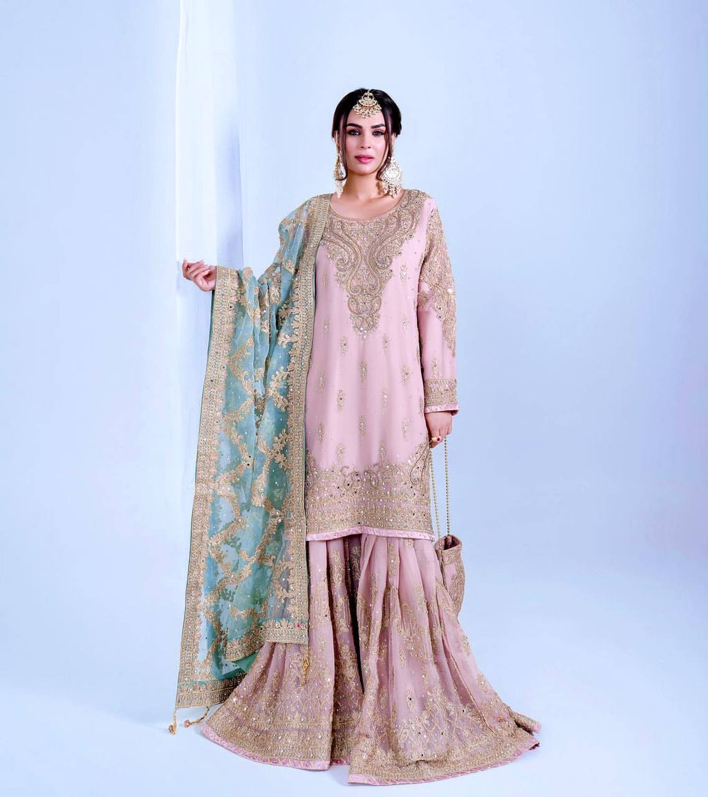 Lavender Heavy Faux Georgette Embroidered Sharara Palazzo Set with Diamond & Riyal Mirror Handwork and Net Dupatta ClothsVilla