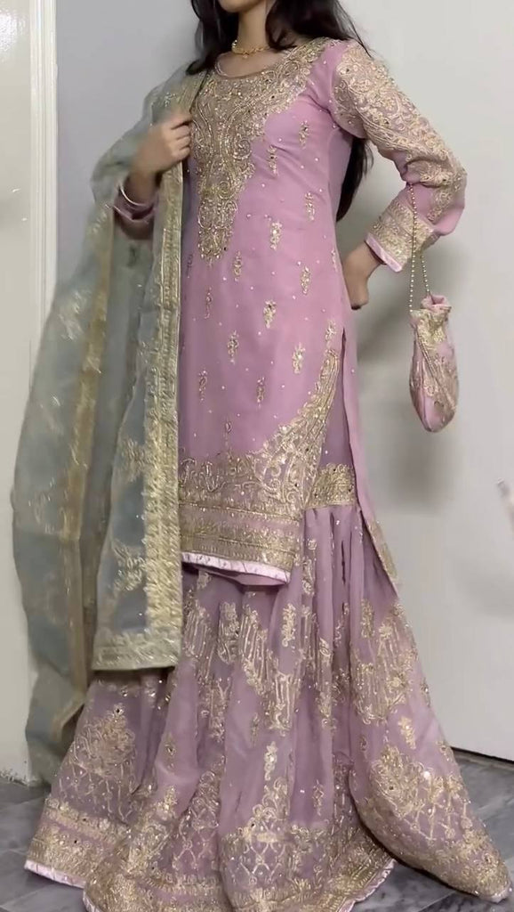 Lavender Heavy Faux Georgette Embroidered Sharara Palazzo Set with Diamond & Riyal Mirror Handwork and Net Dupatta ClothsVilla