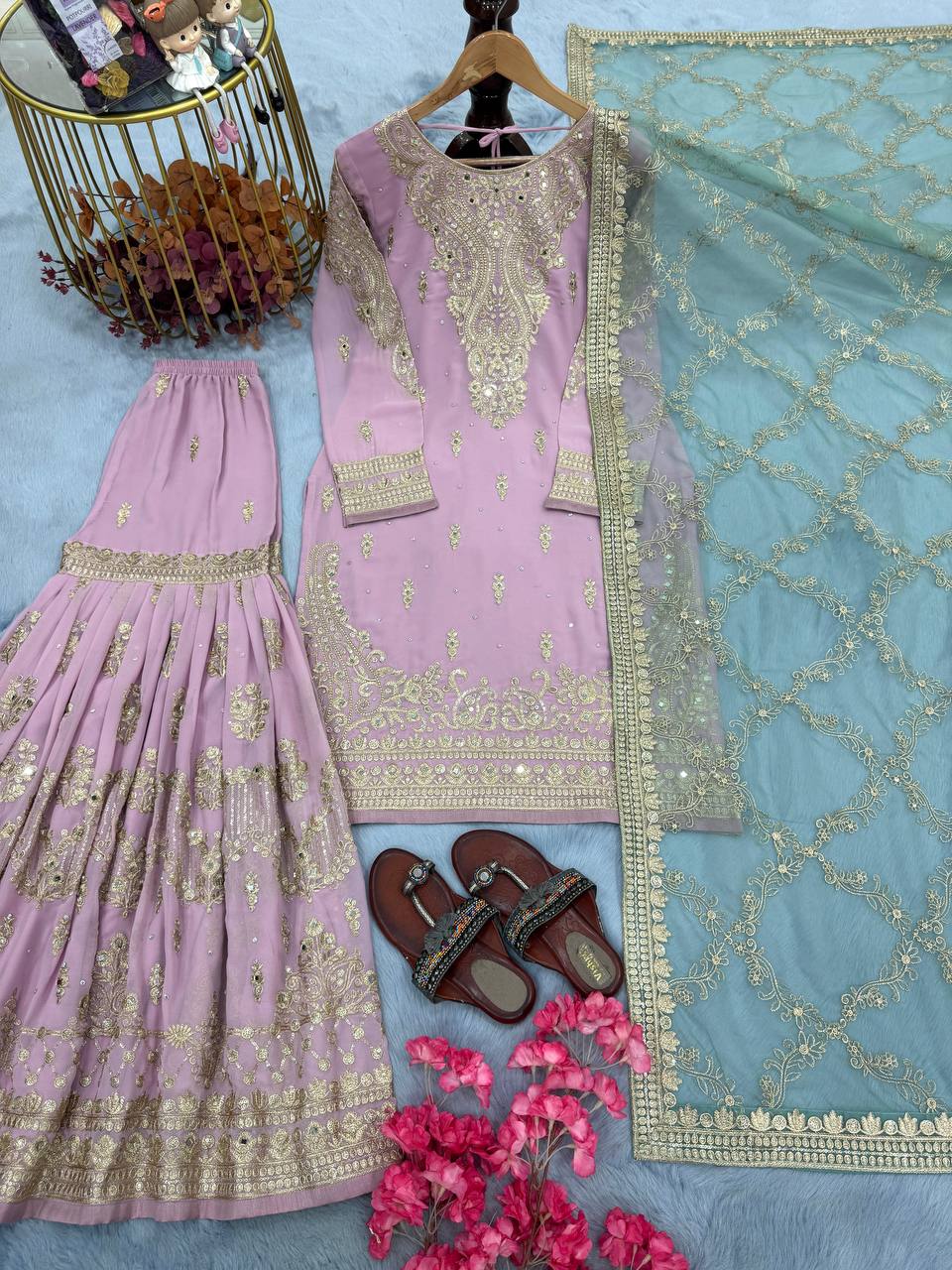 Lavender Heavy Faux Georgette Embroidered Sharara Palazzo Set with Diamond & Riyal Mirror Handwork and Net Dupatta ClothsVilla