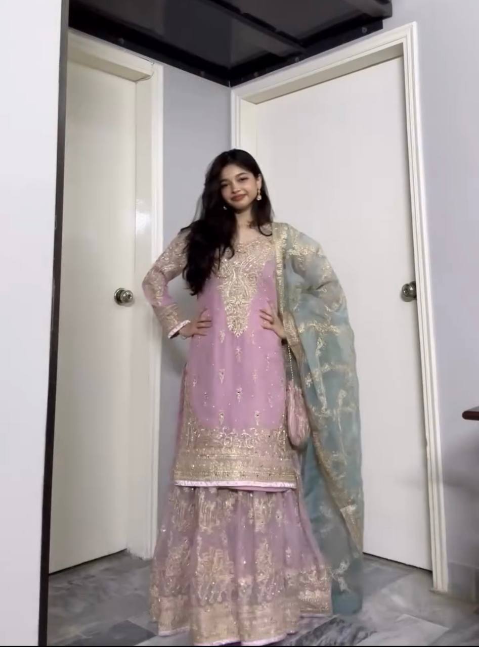 Lavender Heavy Faux Georgette Embroidered Sharara Palazzo Set with Diamond & Riyal Mirror Handwork and Net Dupatta ClothsVilla