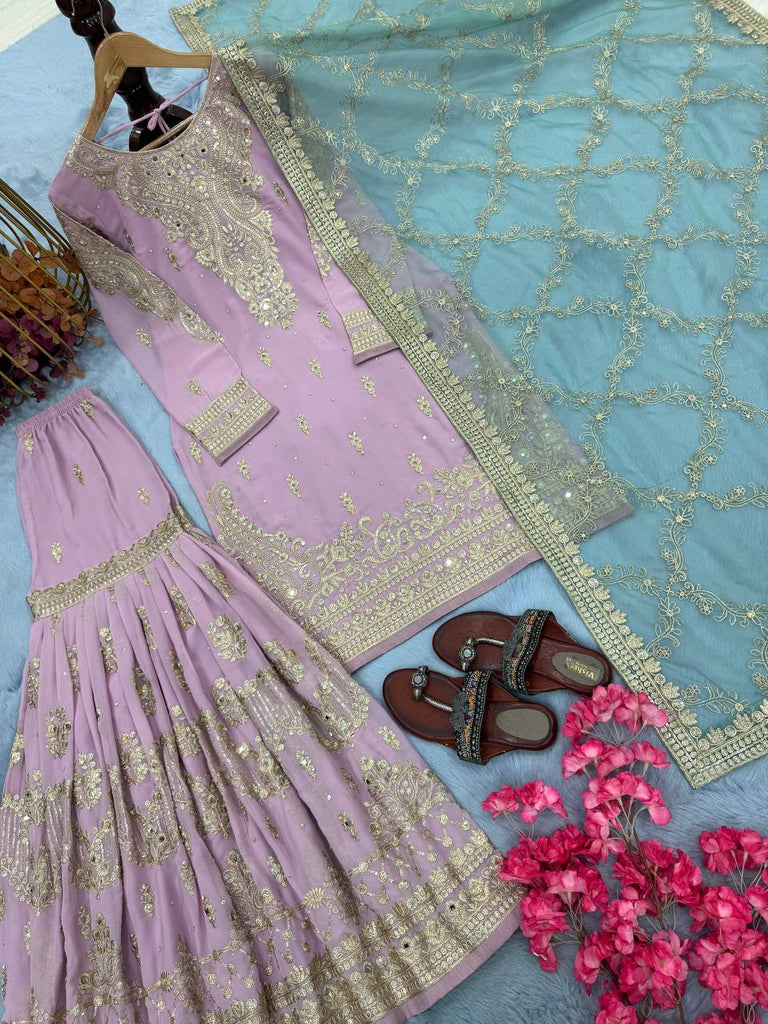 Lavender Heavy Faux Georgette Embroidered Sharara Palazzo Set with Diamond & Riyal Mirror Handwork and Net Dupatta ClothsVilla