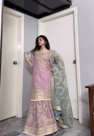 Lavender Heavy Faux Georgette Embroidered Sharara Palazzo Set with Diamond & Riyal Mirror Handwork and Net Dupatta ClothsVilla