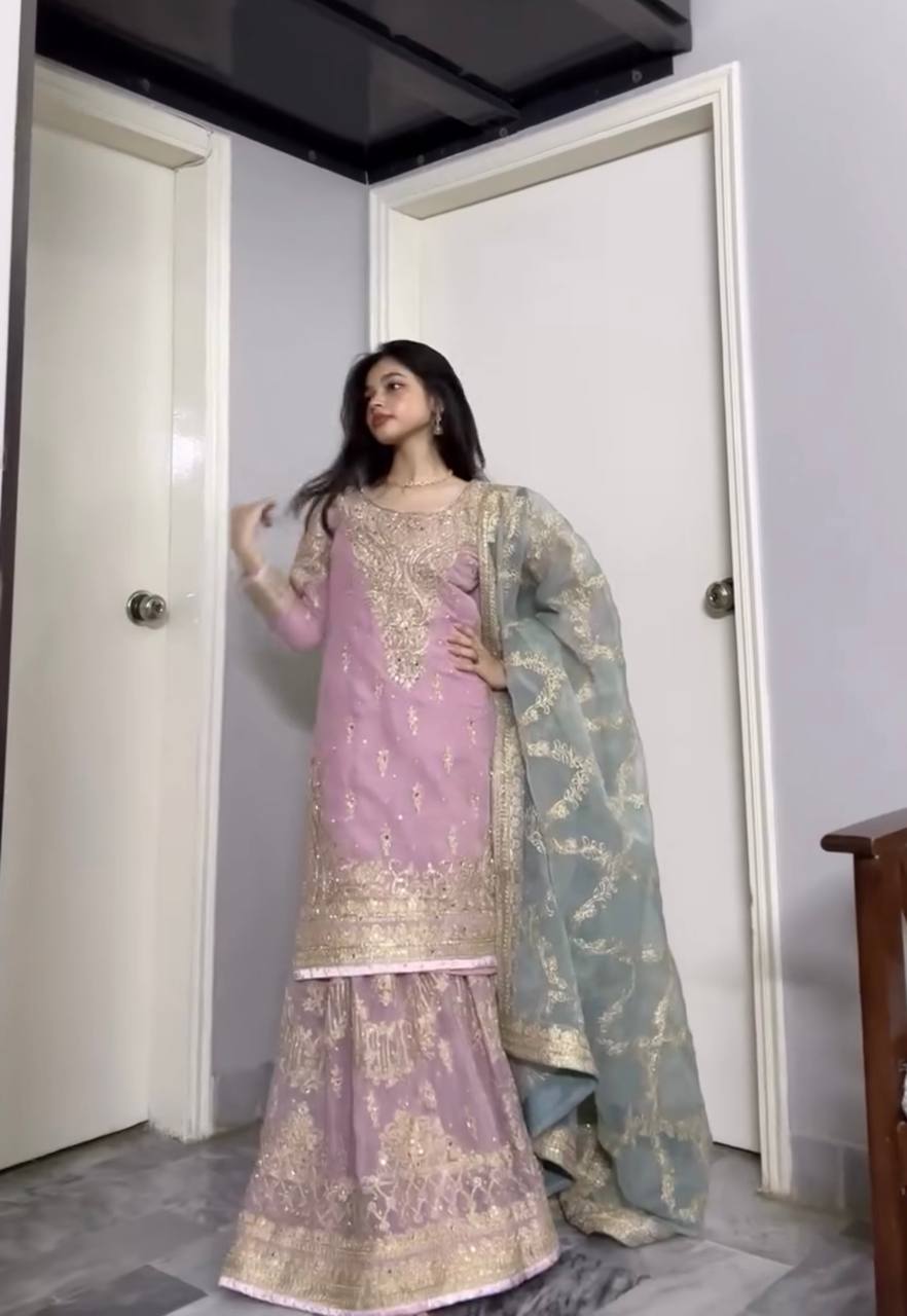 Lavender Heavy Faux Georgette Embroidered Sharara Palazzo Set with Diamond & Riyal Mirror Handwork and Net Dupatta ClothsVilla
