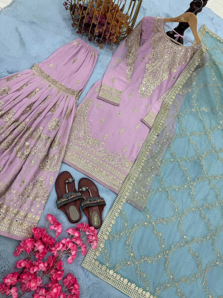 Lavender Heavy Faux Georgette Embroidered Sharara Palazzo Set with Diamond & Riyal Mirror Handwork and Net Dupatta ClothsVilla