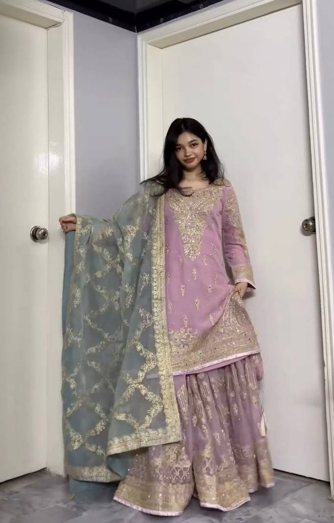 Lavender Heavy Faux Georgette Embroidered Sharara Palazzo Set with Diamond & Riyal Mirror Handwork and Net Dupatta ClothsVilla