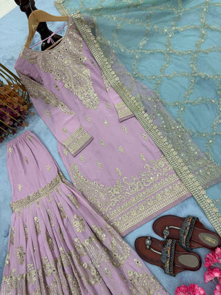 Lavender Heavy Faux Georgette Embroidered Sharara Palazzo Set with Diamond & Riyal Mirror Handwork and Net Dupatta ClothsVilla