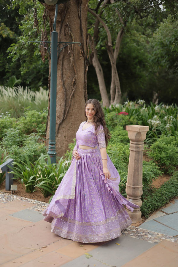 Elegant Lavender Jacquard Lehenga Choli with Sequins Embroidery Clothsvilla