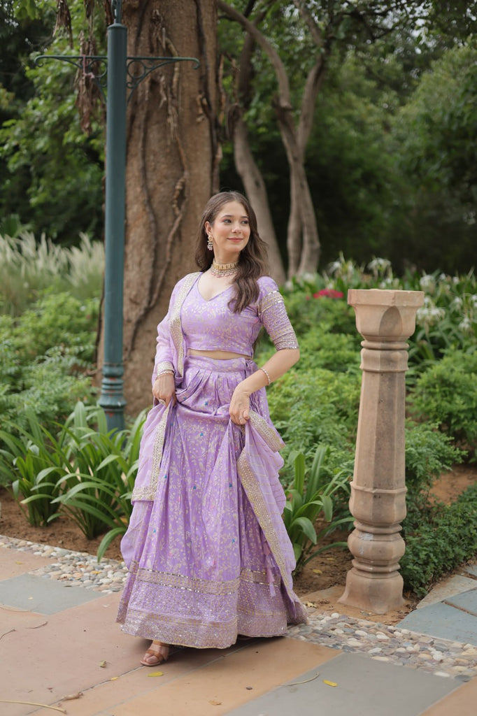 Elegant Lavender Jacquard Lehenga Choli with Sequins Embroidery Clothsvilla