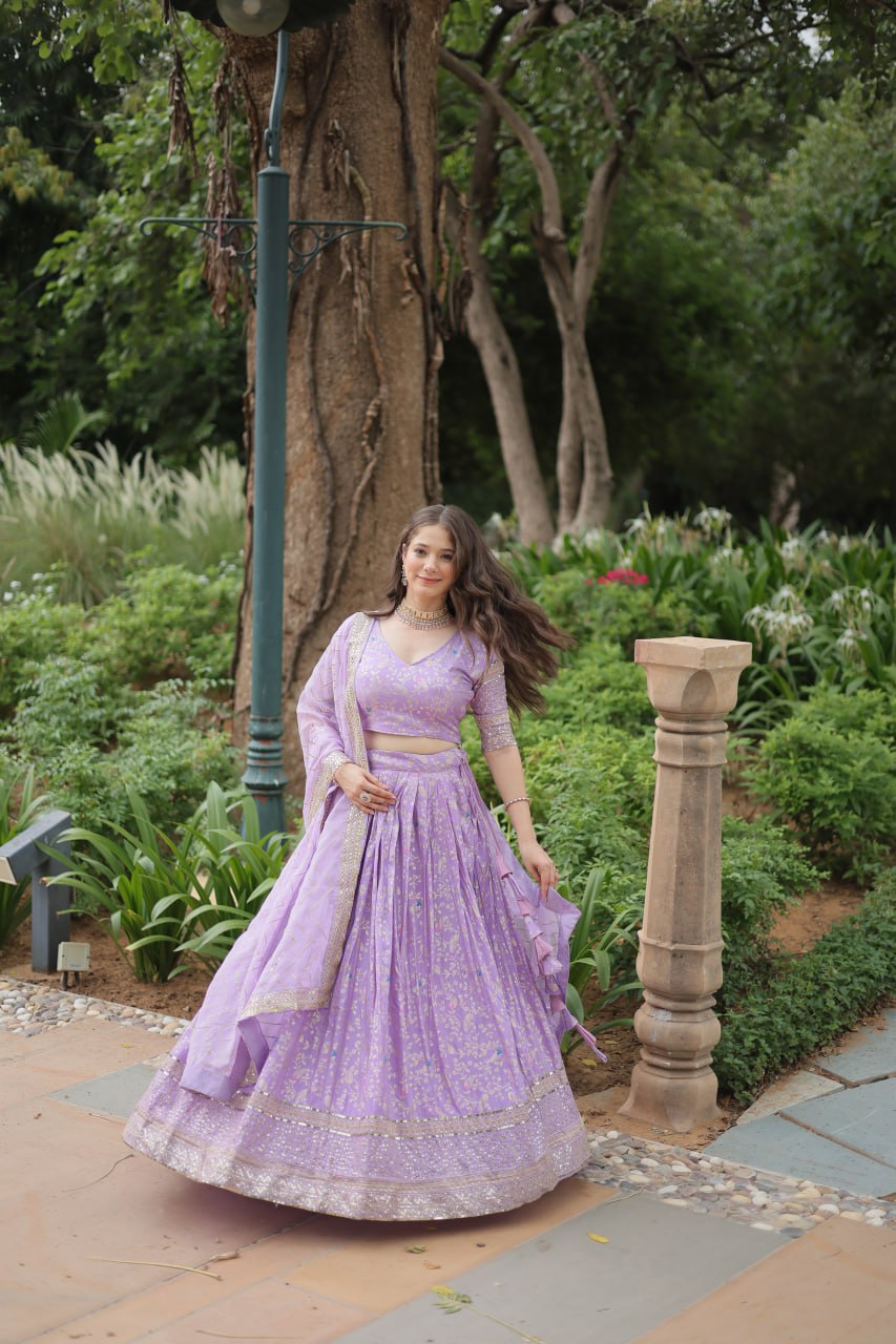 Elegant Lavender Jacquard Lehenga Choli with Sequins Embroidery Clothsvilla