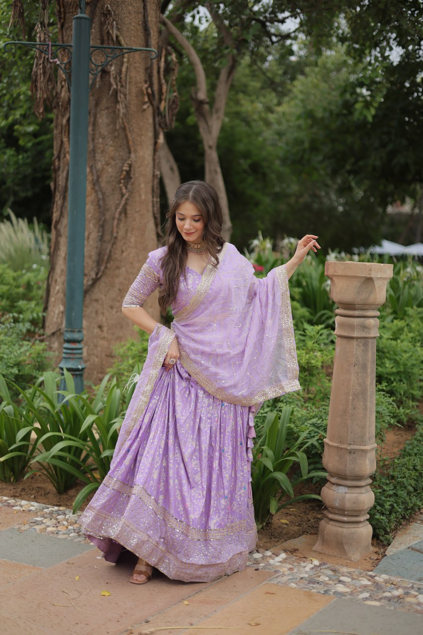 Elegant Lavender Jacquard Lehenga Choli with Sequins Embroidery Clothsvilla