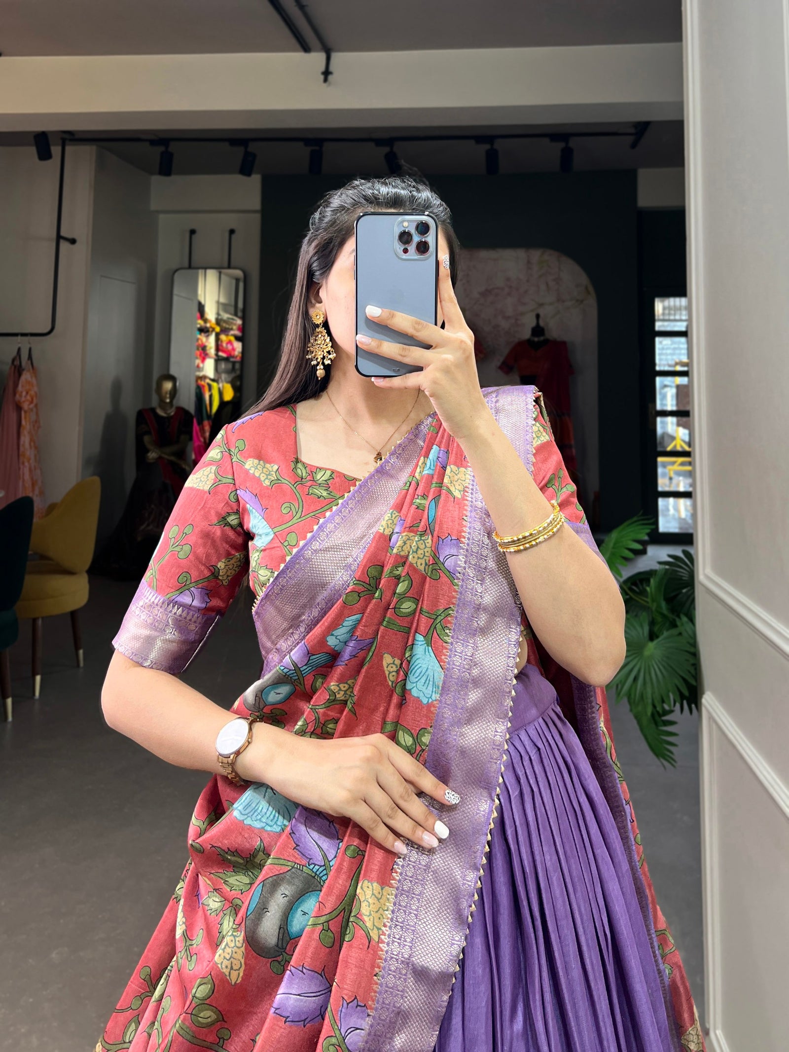 Lavender Kalamkari Dola Silk Lehenga Choli Set with Zari Borders ClothsVilla