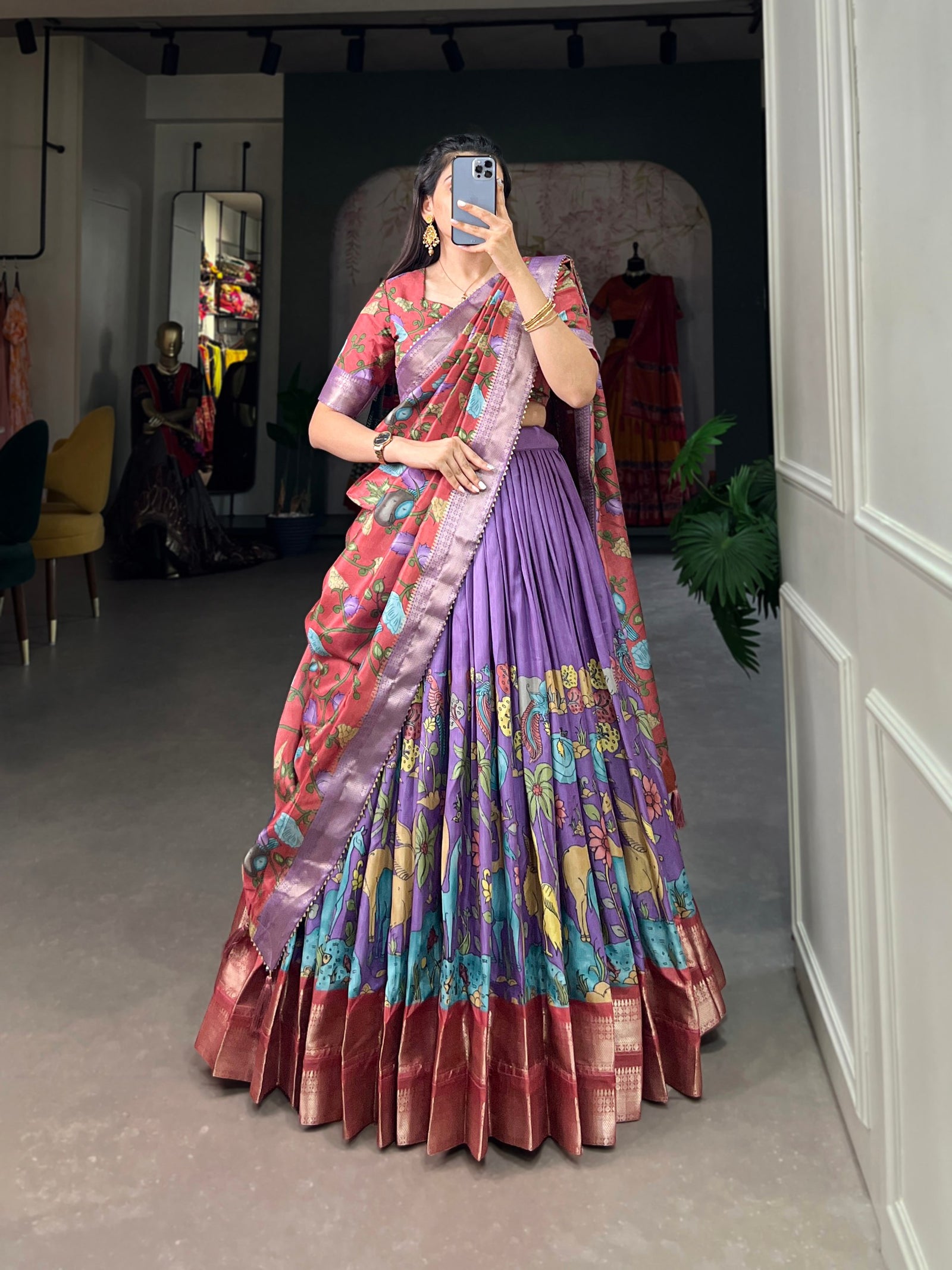 Lavender Kalamkari Dola Silk Lehenga Choli Set with Zari Borders ClothsVilla