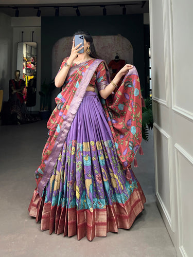 Lavender Kalamkari Dola Silk Lehenga Choli Set with Zari Borders ClothsVilla