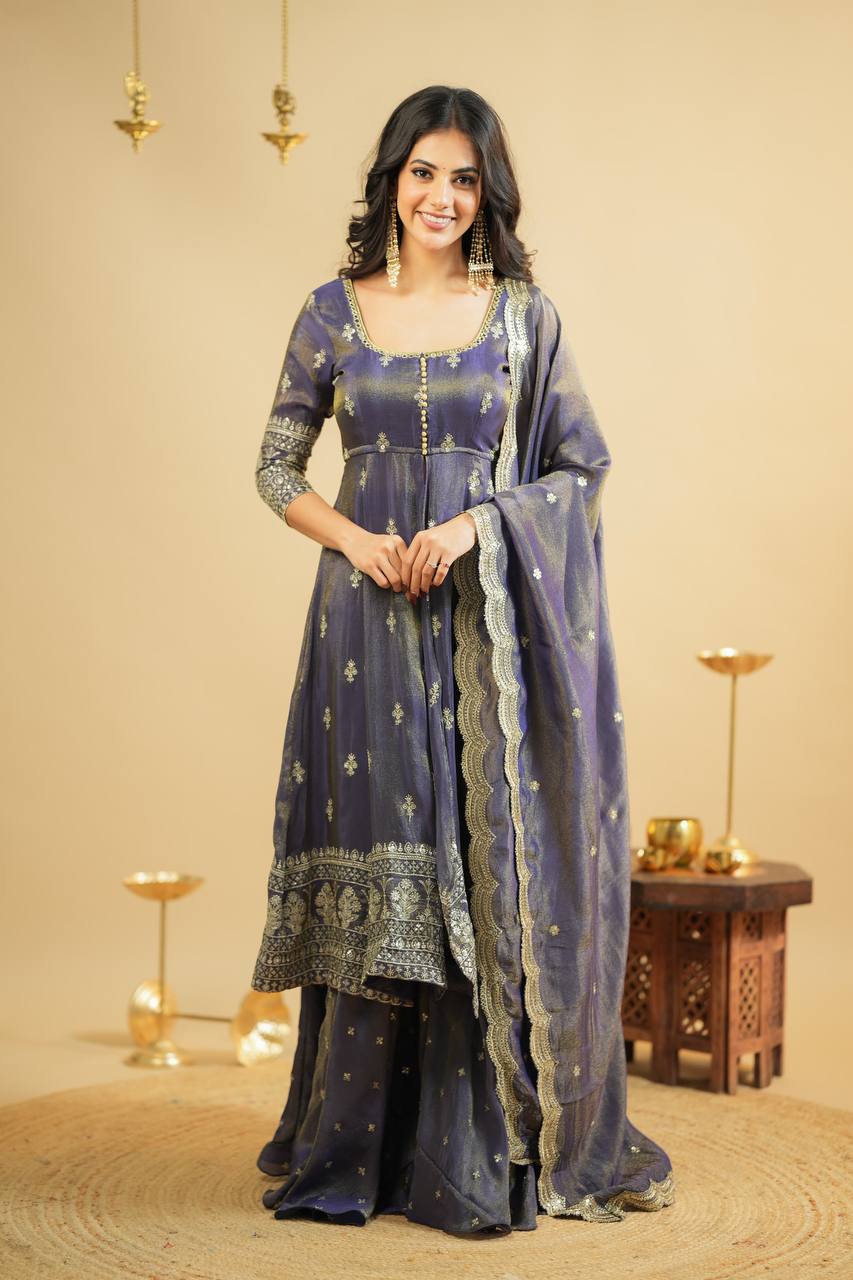 Light Gray Luxury Cosmo Designer Anarkali Suit Set with Heavy Sequins & Thread Embroidery ClothsVilla