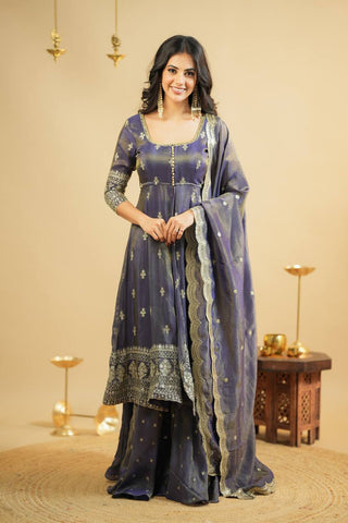 Light Gray Luxury Cosmo Designer Anarkali Suit Set with Heavy Sequins & Thread Embroidery ClothsVilla