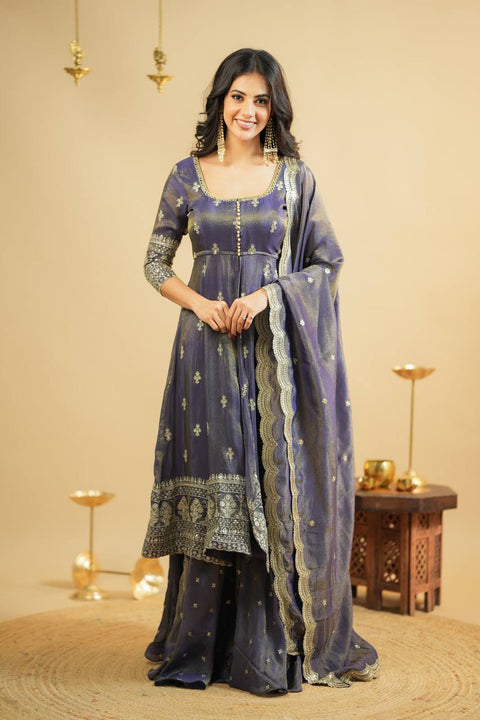 Light Gray Luxury Cosmo Designer Anarkali Suit Set with Heavy Sequins & Thread Embroidery ClothsVilla Main image