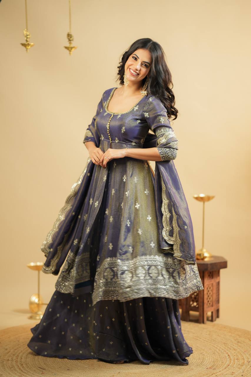 Light Gray Luxury Cosmo Designer Anarkali Suit Set with Heavy Sequins & Thread Embroidery ClothsVilla