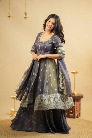 Light Gray Luxury Cosmo Designer Anarkali Suit Set with Heavy Sequins & Thread Embroidery ClothsVilla