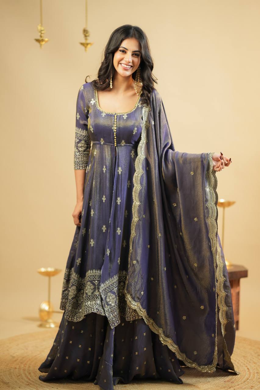 Light Gray Luxury Cosmo Designer Anarkali Suit Set with Heavy Sequins & Thread Embroidery ClothsVilla