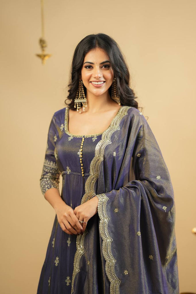 Light Gray Luxury Cosmo Designer Anarkali Suit Set with Heavy Sequins & Thread Embroidery ClothsVilla