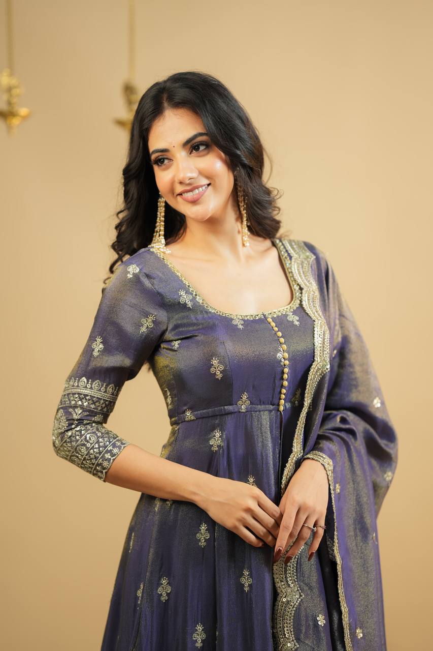 Light Gray Luxury Cosmo Designer Anarkali Suit Set with Heavy Sequins & Thread Embroidery ClothsVilla